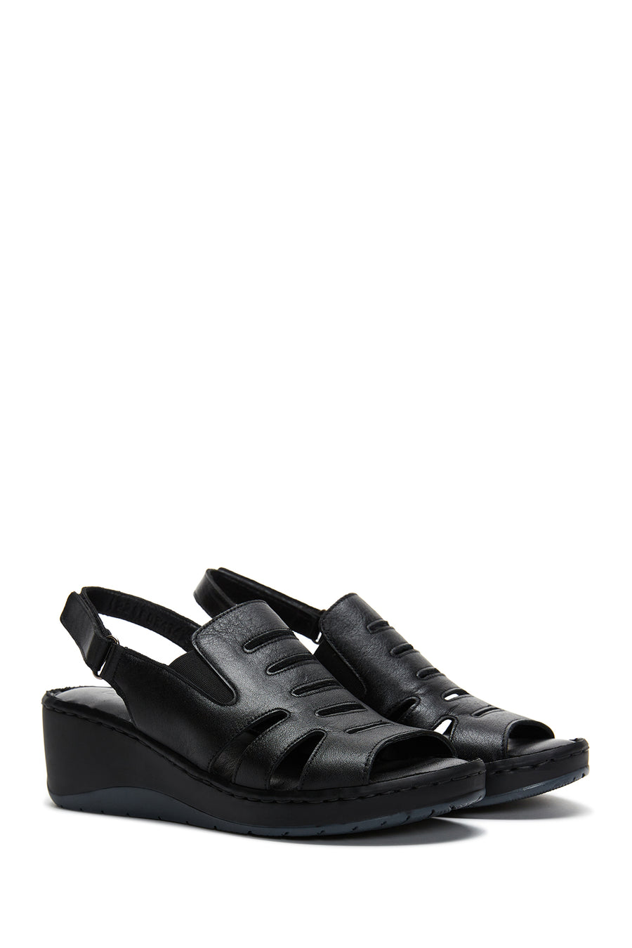 Women's Black Leather Wedge Heel Comfort Sandals