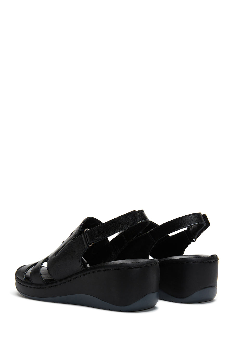 Women's Black Leather Wedge Heel Comfort Sandals