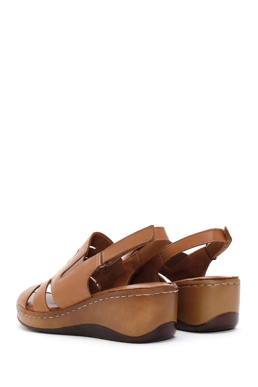 Women's Tan Leather Wedge Heel Comfort Sandals
