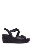 Women's Black Leather Wedge Heel Comfort Sandals | Derimod