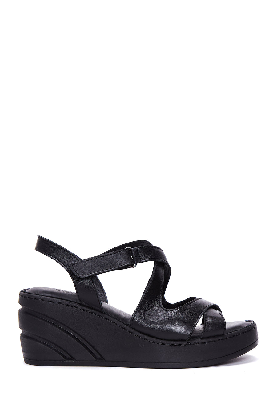 Women's Black Leather Wedge Heel Comfort Sandals 23SFD340818 | Derimod
