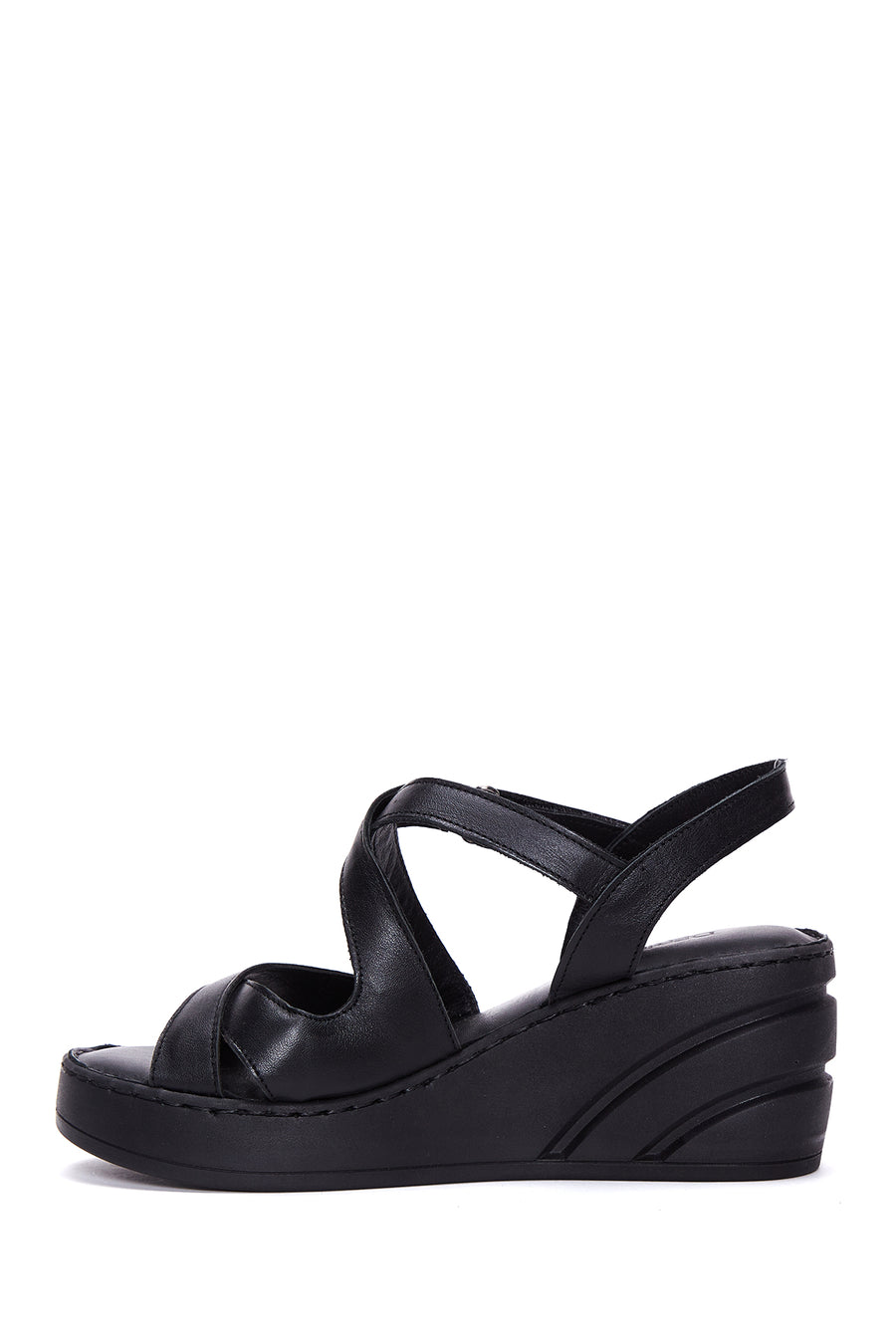 Women's Black Leather Wedge Heel Comfort Sandals