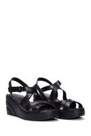 Women's Black Leather Wedge Heel Comfort Sandals | Derimod