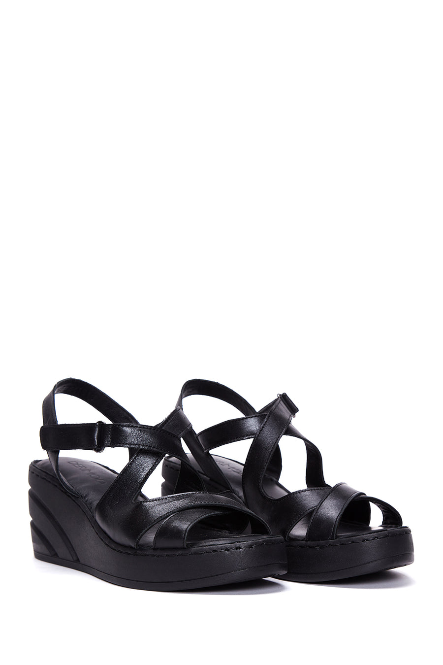 Women's Black Leather Wedge Heel Comfort Sandals