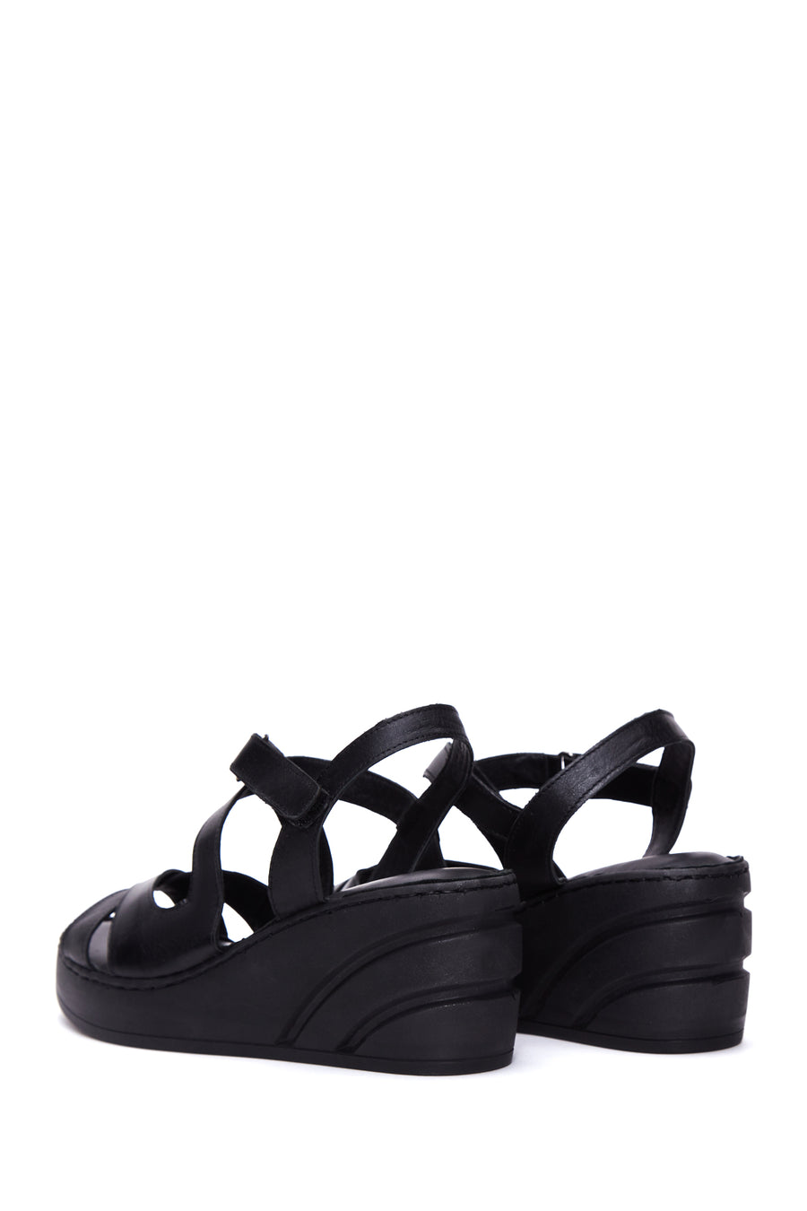 Women's Black Leather Wedge Heel Comfort Sandals