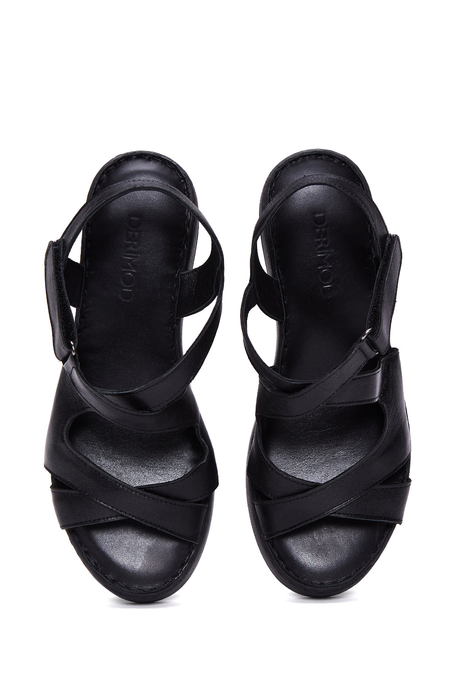 Women's Black Leather Wedge Heel Comfort Sandals