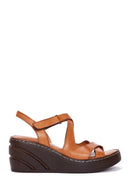 Women's Tan Leather Wedge Heel Comfort Sandals | Derimod