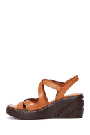 Women's Tan Leather Wedge Heel Comfort Sandals | Derimod