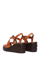 Women's Tan Leather Wedge Heel Comfort Sandals | Derimod