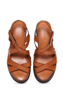 Women's Tan Leather Wedge Heel Comfort Sandals | Derimod