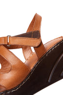 Women's Tan Leather Wedge Heel Comfort Sandals | Derimod