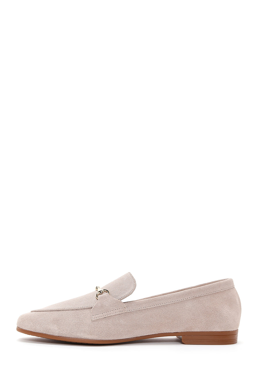 Kadın Bej Süet Deri Tokalı Klasik Loafer