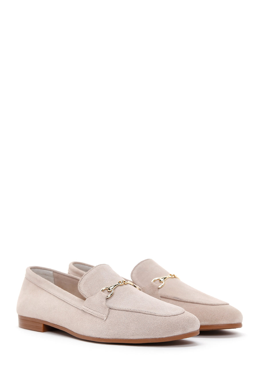 Kadın Bej Süet Deri Tokalı Klasik Loafer