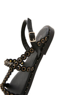 Women's Black Stone Flat Sandals | Derimod