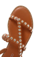Women's Tan Stone Flat Sandals | Derimod