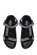 Women's Black Stone Flat Sandals | Derimod