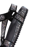 Women's Black Stone Flat Sandals | Derimod