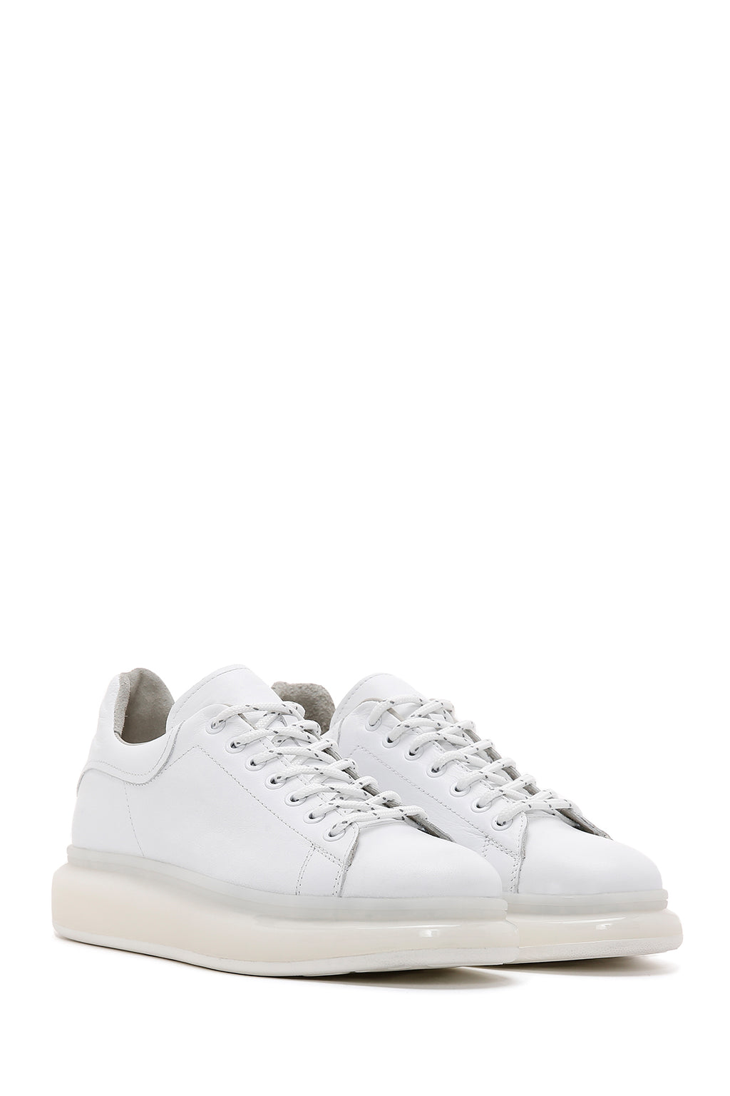 Erkek Beyaz Deri Kalın Tabanlı Deri Sneaker