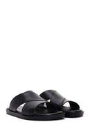 Men's Black Leather Flat Slippers | Derimod