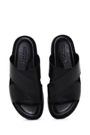 Men's Black Leather Flat Slippers | Derimod