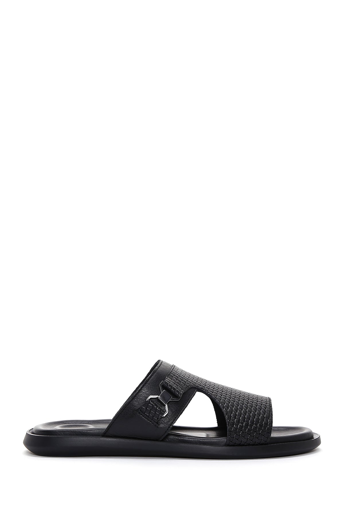 Men's Black Leather Buckle Printed Flat Slippers 23SFD625826 | Derimod
