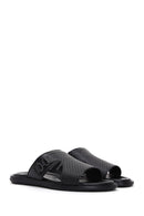 Men's Black Leather Buckle Printed Flat Slippers | Derimod