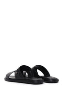 Men's Black Leather Buckle Printed Flat Slippers | Derimod