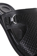 Men's Black Leather Buckle Printed Flat Slippers | Derimod