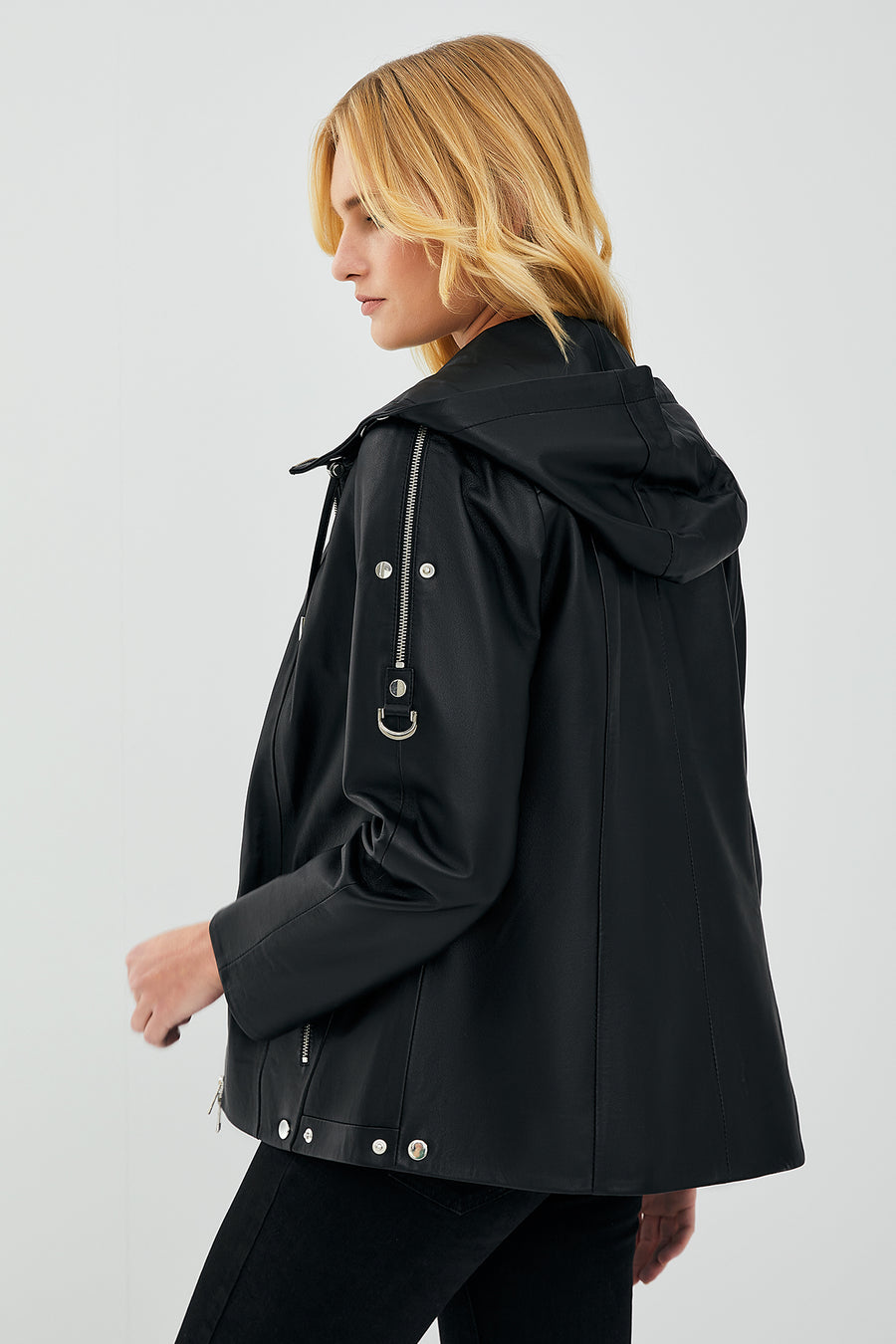 Judith Women's Black Hooded Leather Coat