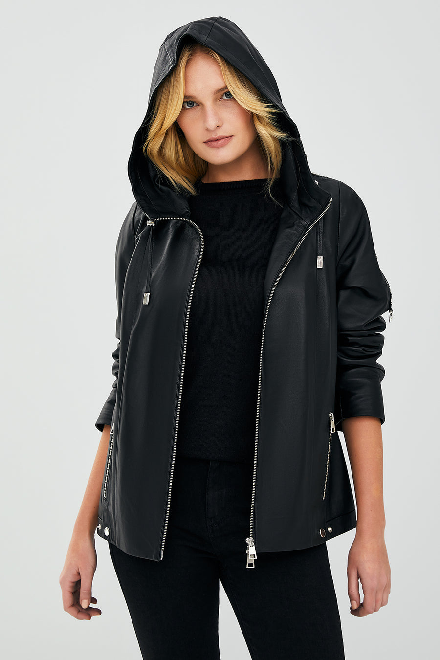 Judith Women's Black Hooded Leather Coat