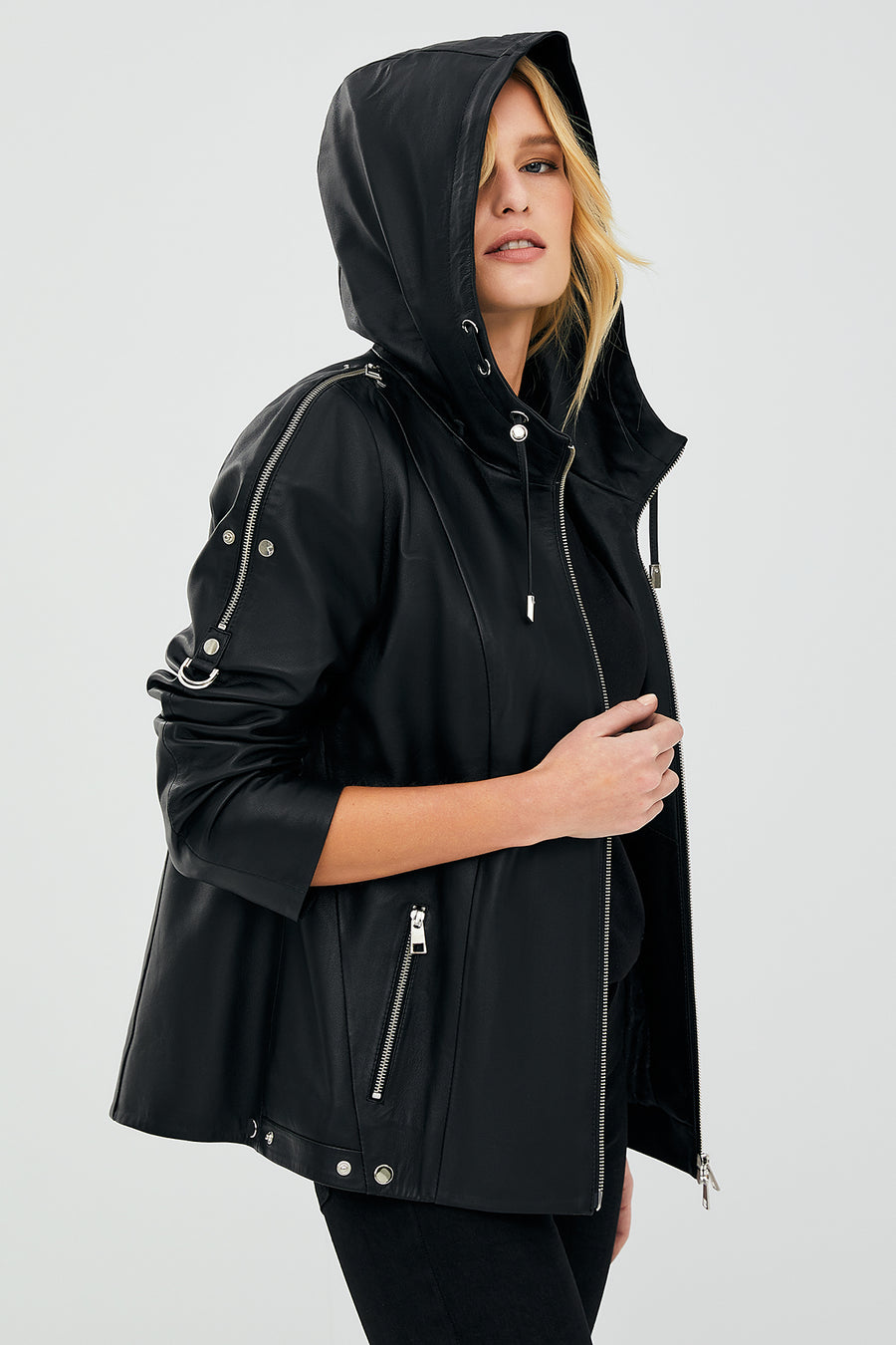 Judith Women's Black Hooded Leather Coat