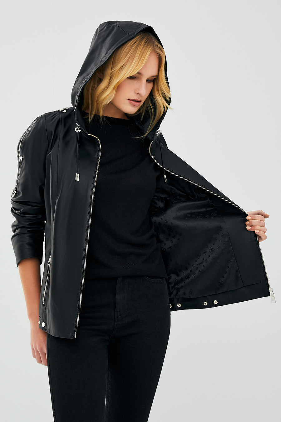 Judith Women's Black Hooded Leather Coat