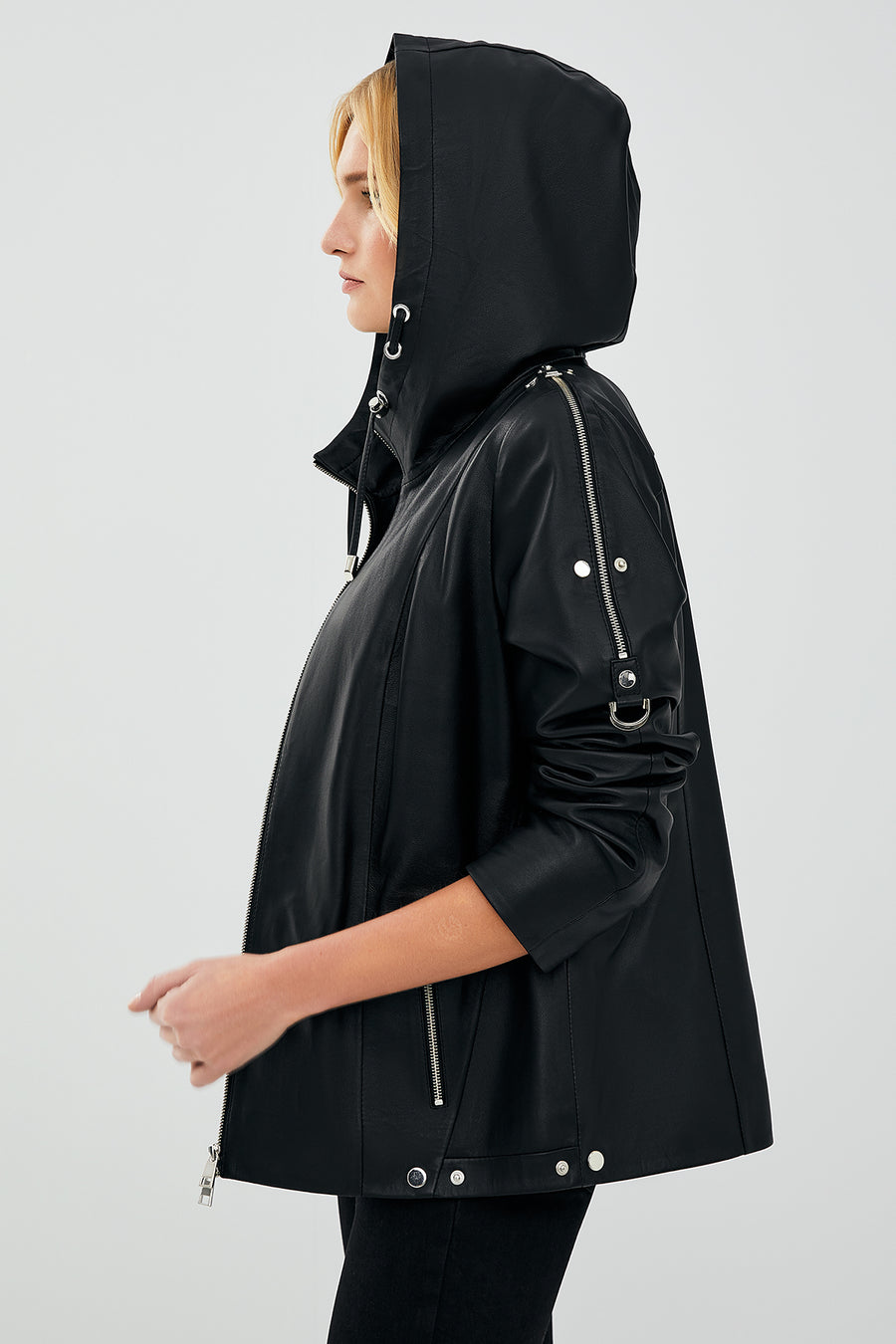 Judith Women's Black Hooded Leather Coat