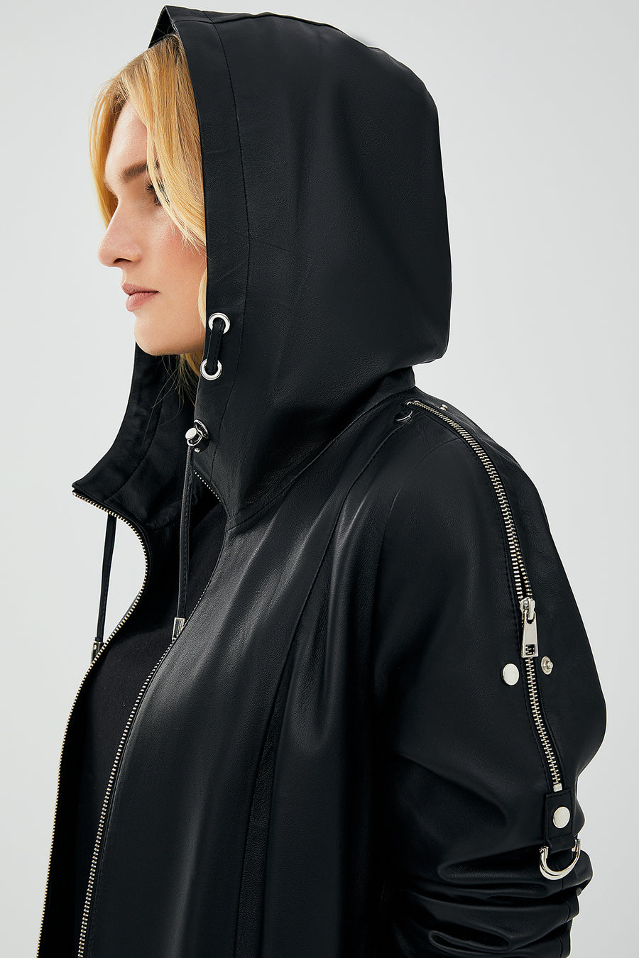 Judith Women's Black Hooded Leather Coat