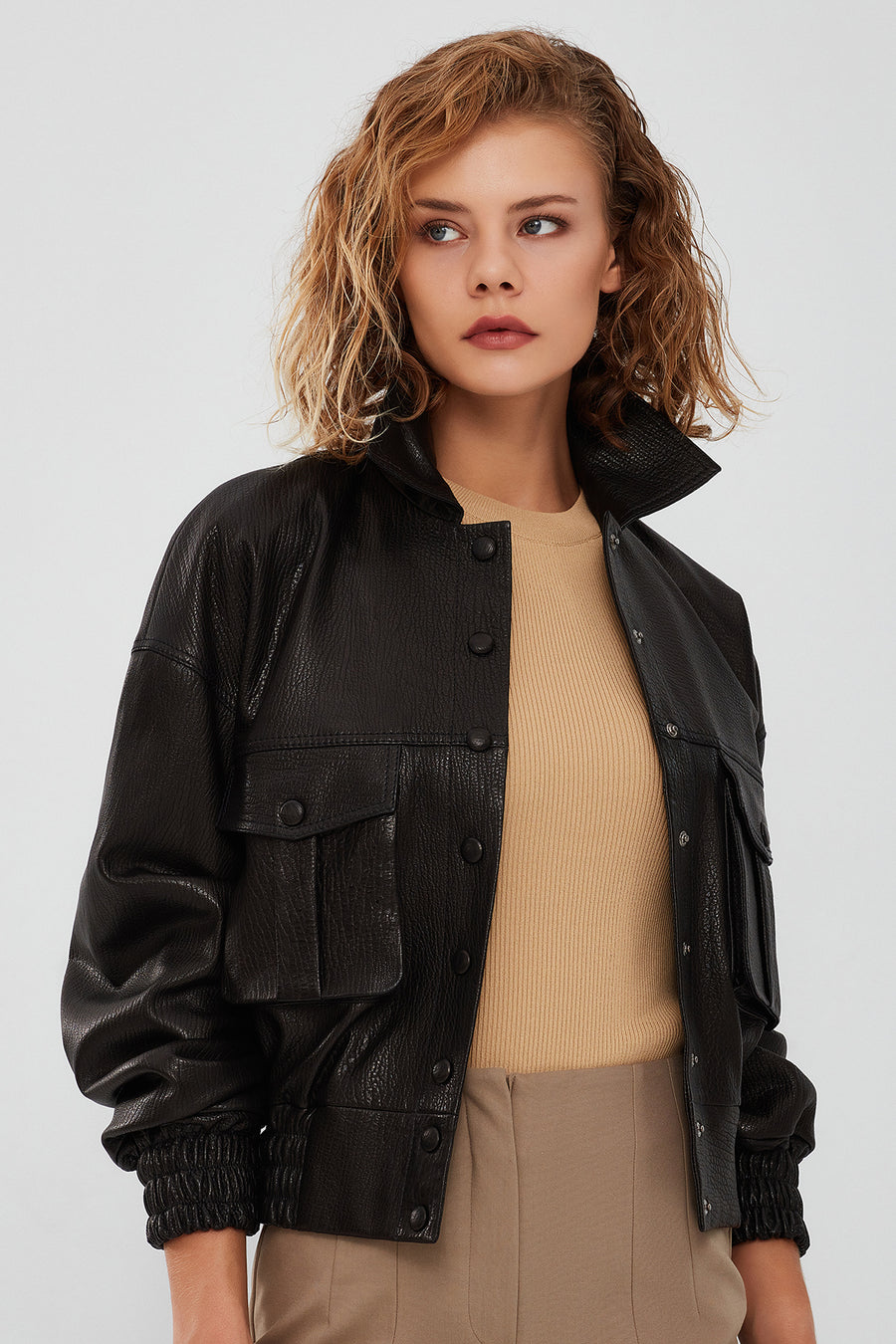Chloe Women's Black Oversize Leather Jacket 23SGD5061FT | Derimod