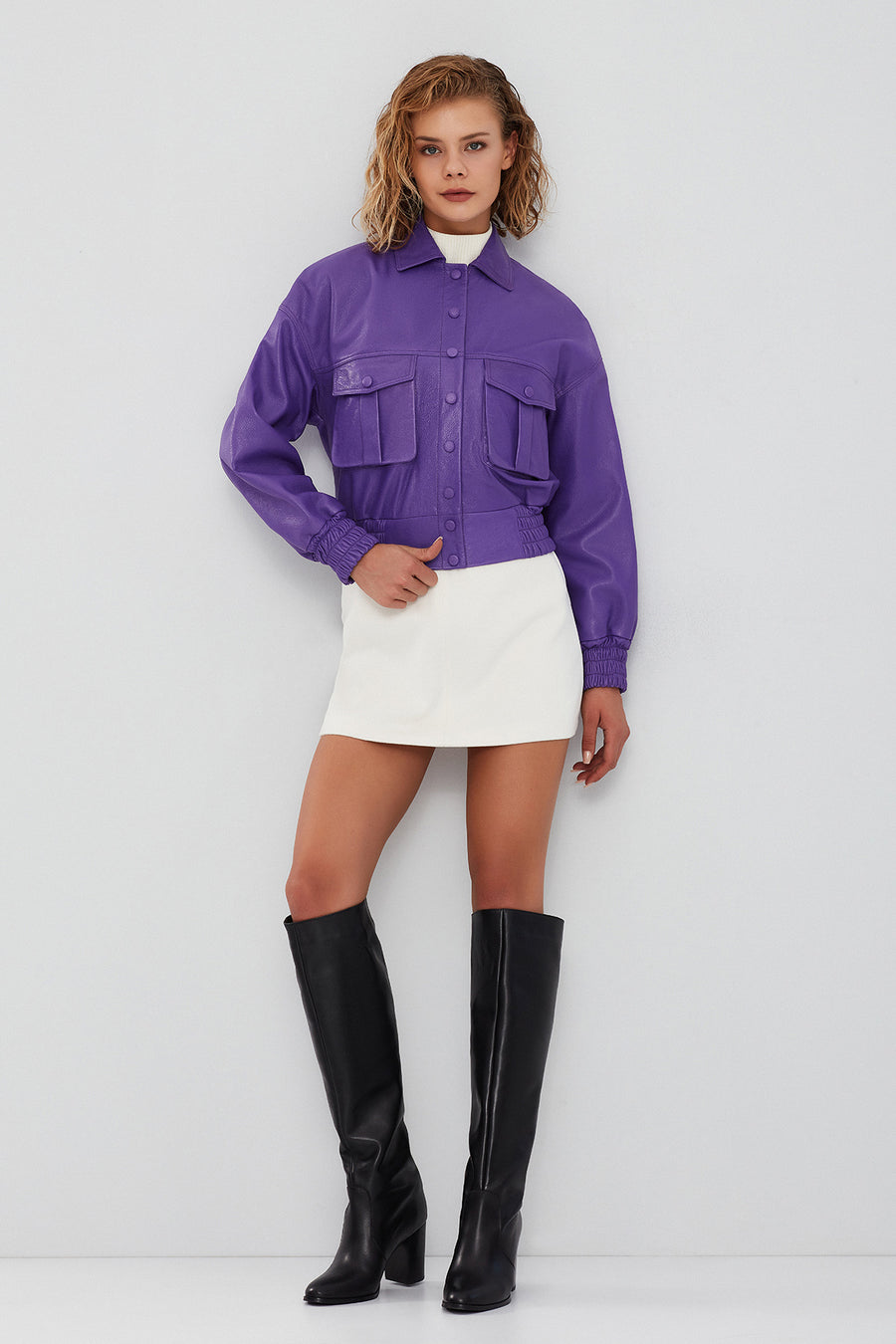 Chloe Kadın Mor Oversize Deri Ceket