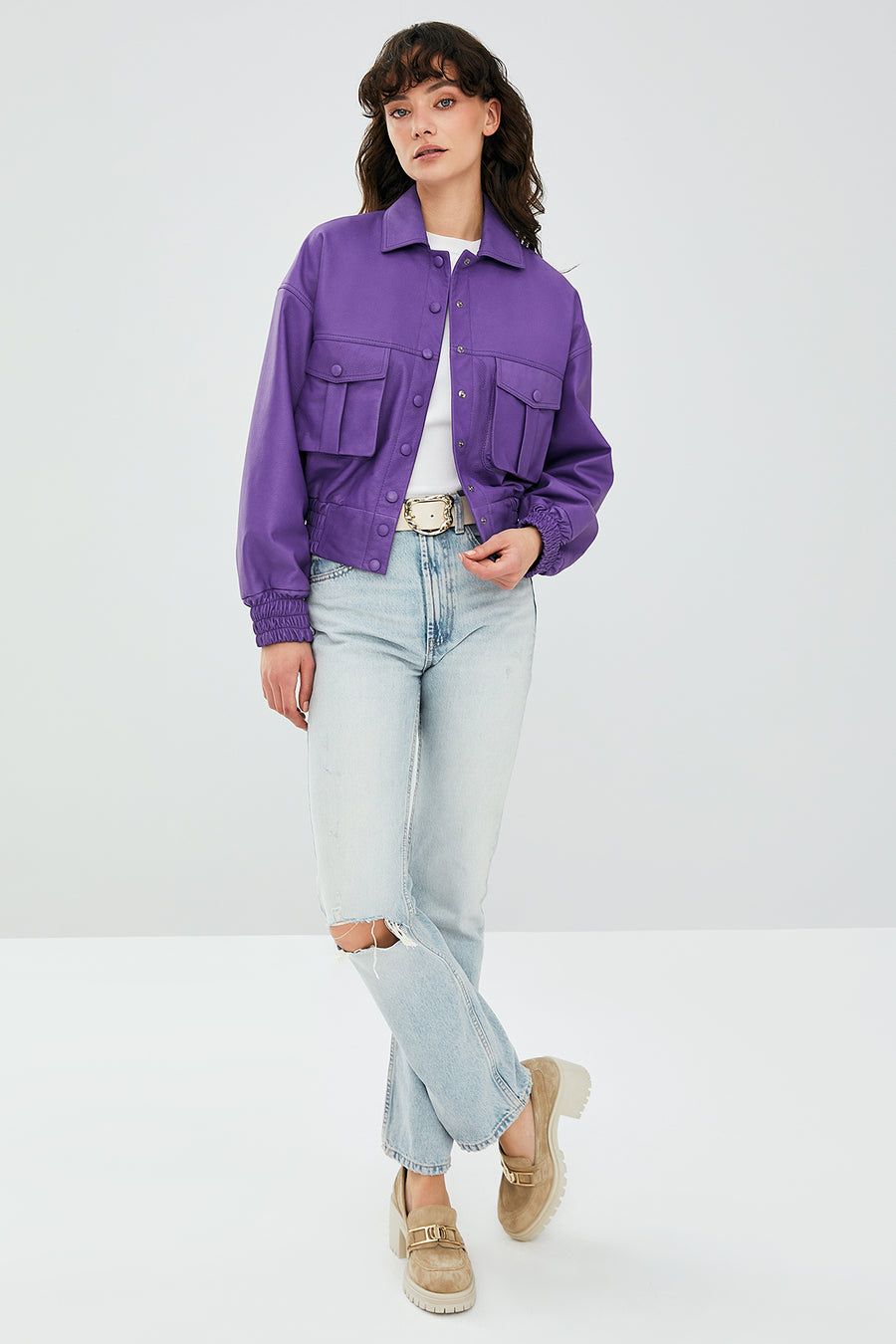 Chloe Kadın Mor Oversize Deri Ceket