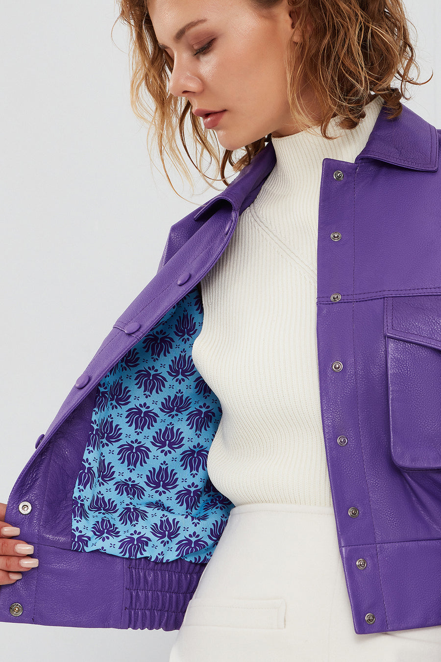 Chloe Kadın Mor Oversize Deri Ceket