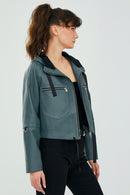 Stella Kadın Petrol Yeşili Oversize Kapüşonlu Kısa Deri Ceket | Derimod