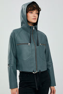 Stella Kadın Petrol Yeşili Oversize Kapüşonlu Kısa Deri Ceket | Derimod