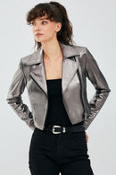 Joy Gümüş Kadın Biker Kısa Deri Ceket | Derimod