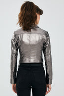 Joy Gümüş Kadın Biker Kısa Deri Ceket | Derimod