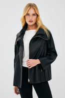 Felicita Women's Black Oversize Leather Jacket | Derimod