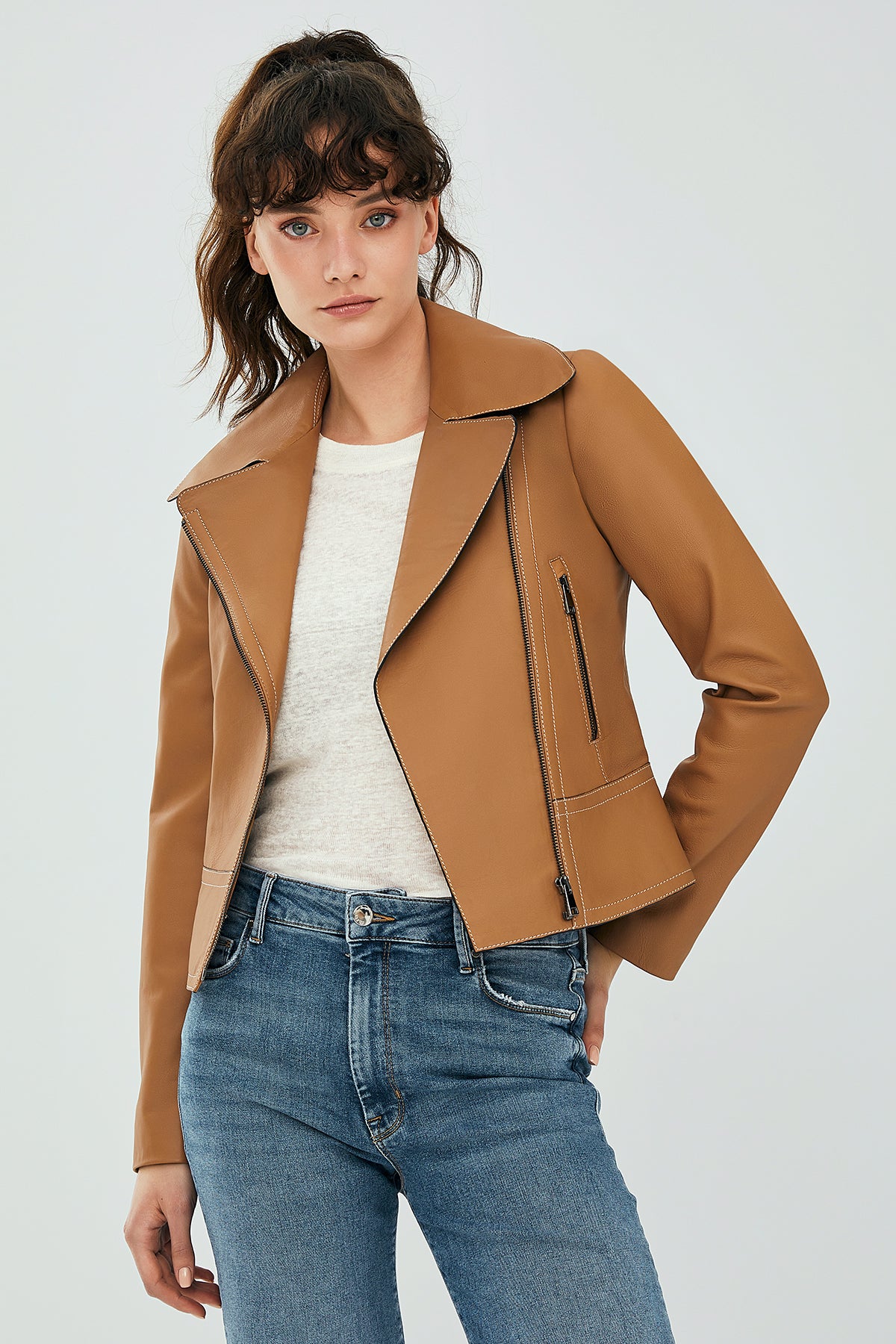 Petra Kadın Taba Biker Deri Ceket 23SGD5090U8 | Derimod