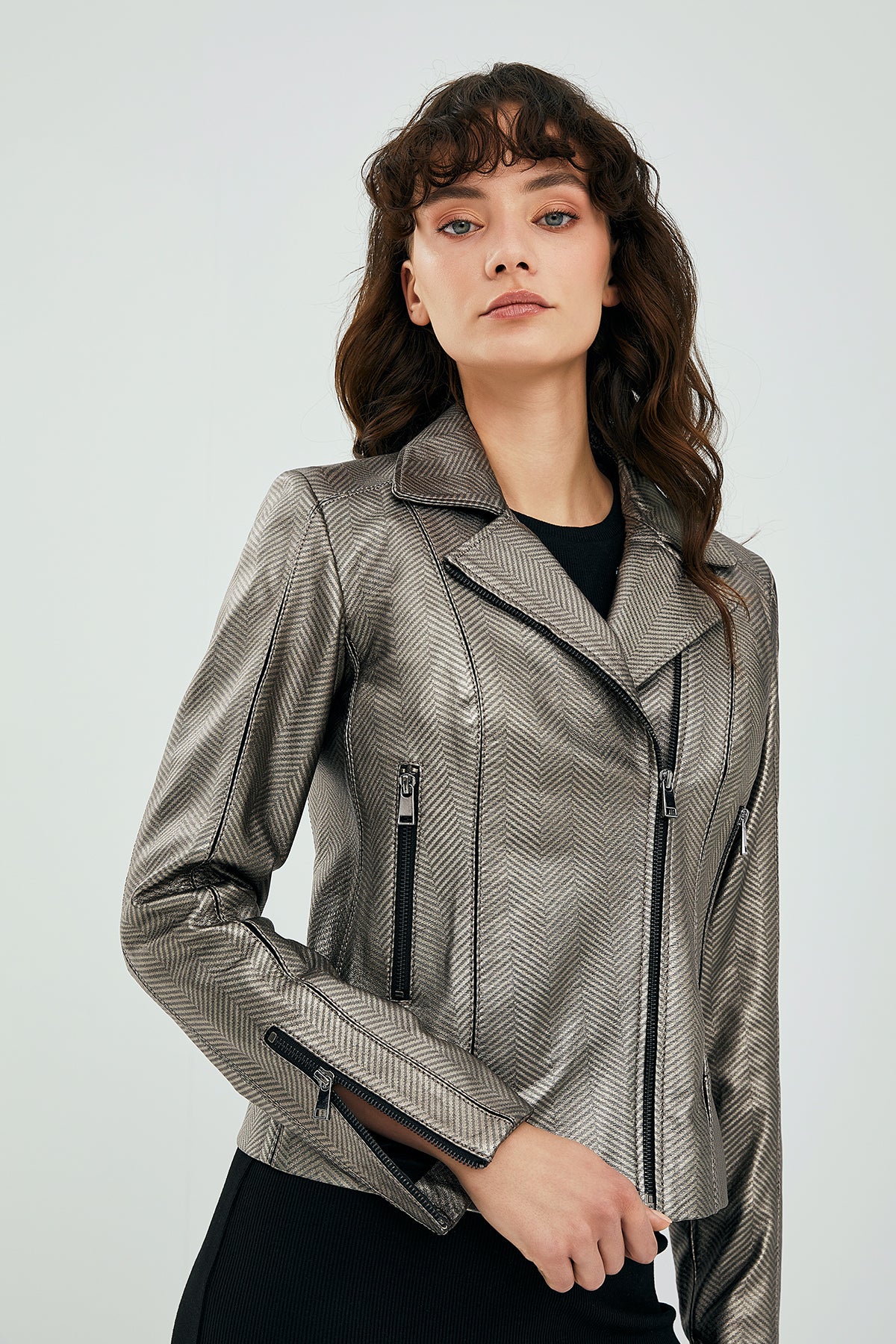 Kiara Kadın Gümüş Biker Deri Ceket 23SGD58597M | Derimod