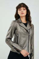 Kiara Kadın Gümüş Biker Deri Ceket | Derimod