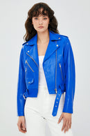 Newage Kadın Mavi Biker Deri Ceket | Derimod