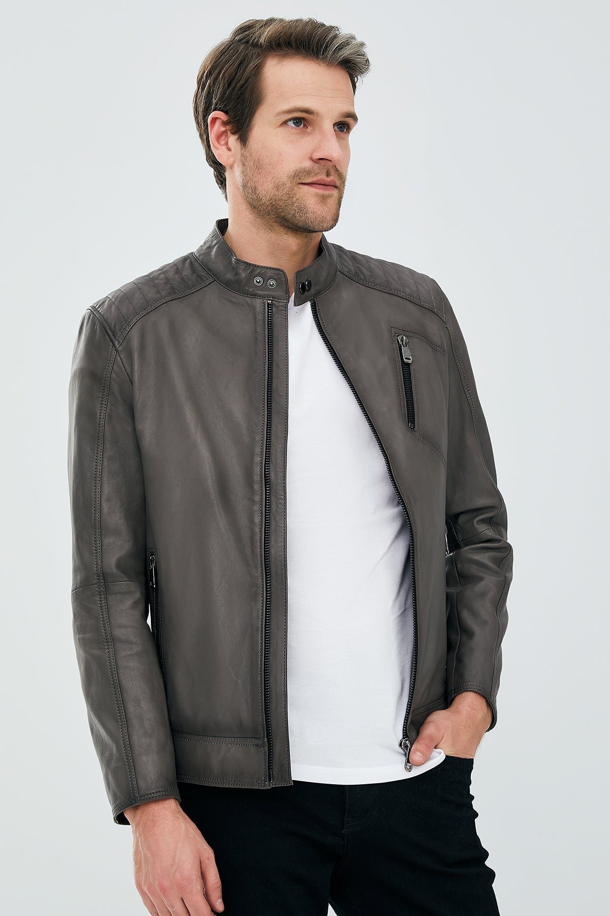 New Durant Erkek Gri Slim-Fit Deri Ceket 23SGD6151VE | Derimod