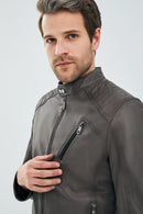 New Durant Erkek Gri Slim-Fit Deri Ceket | Derimod