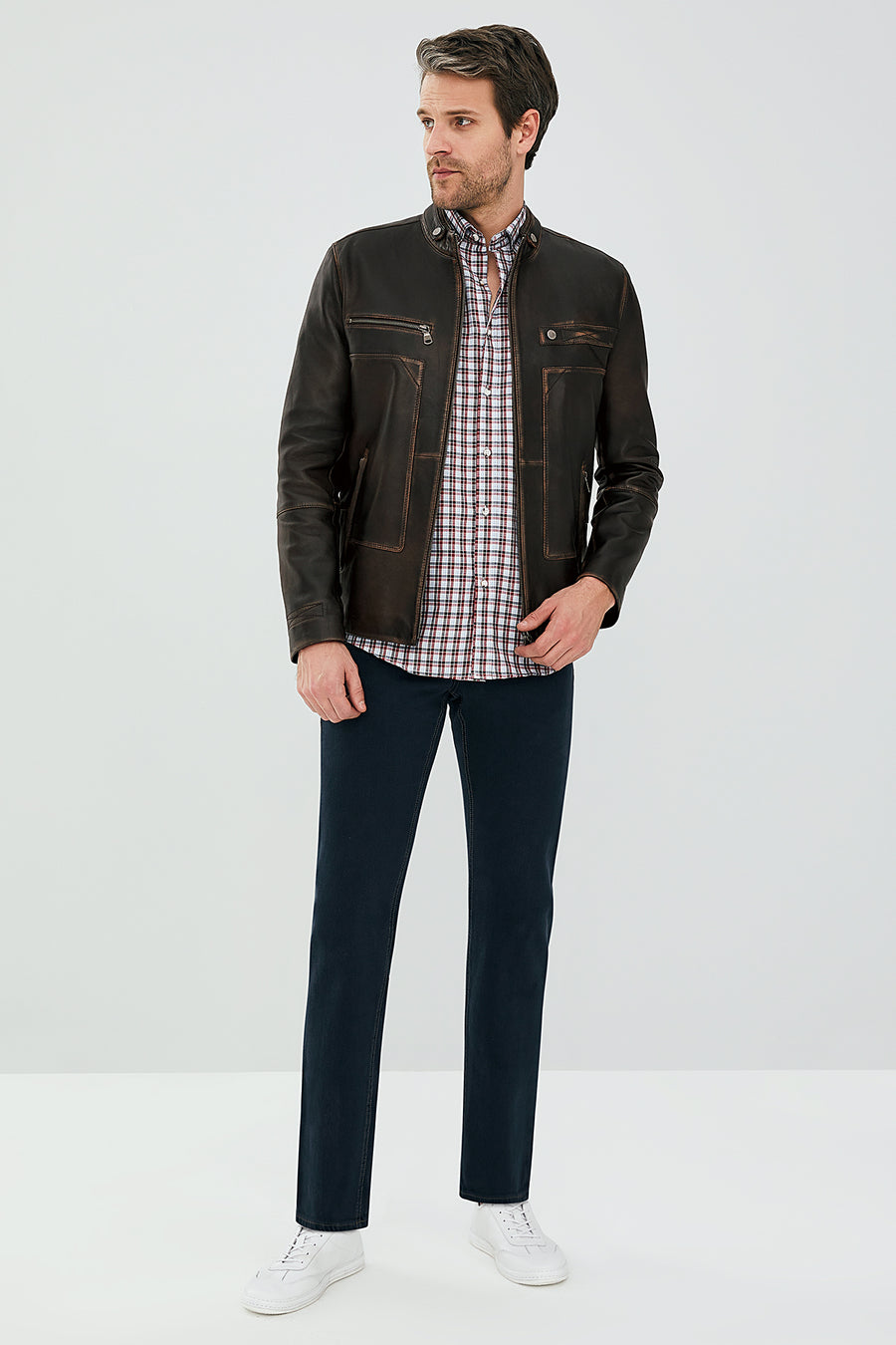 Jokic Kahverengi Erkek Vintage Slim-Fit Deri Ceket